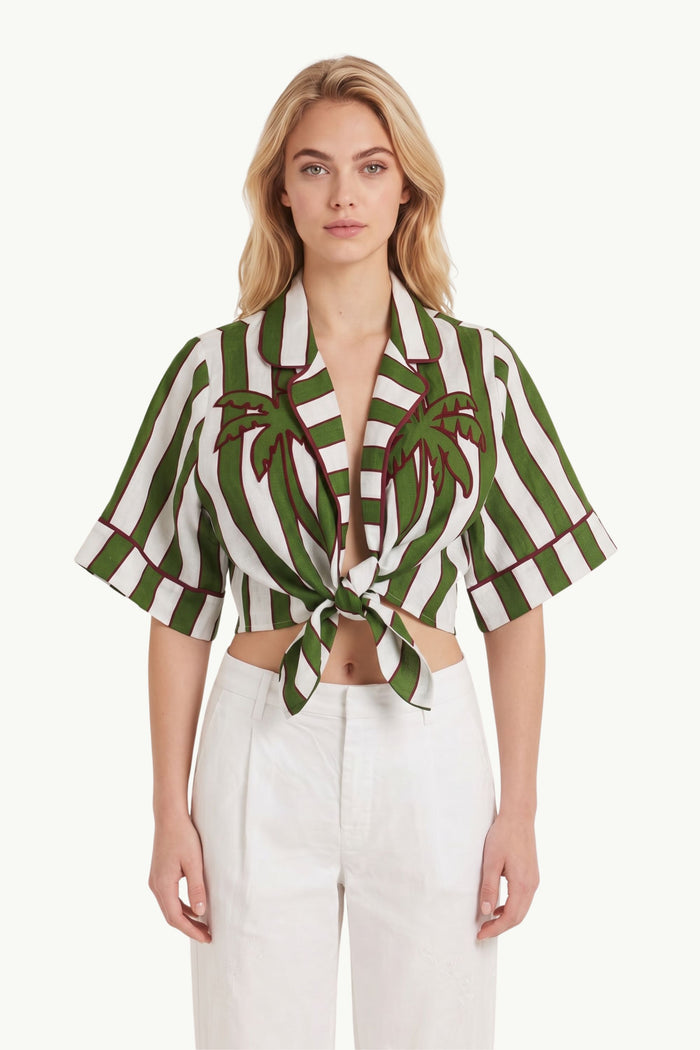 Spring Stripes Green Short Sleeve Crop Top Donna Farm Rio