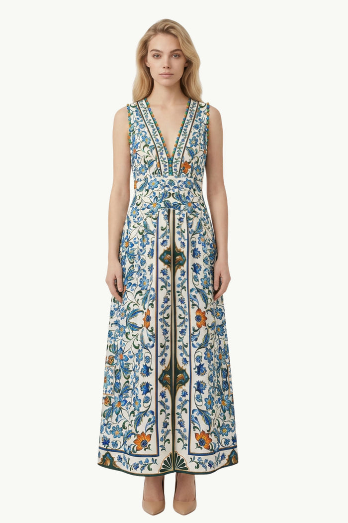 Flora Tile Off-White Midi Dress Donna Farm Rio