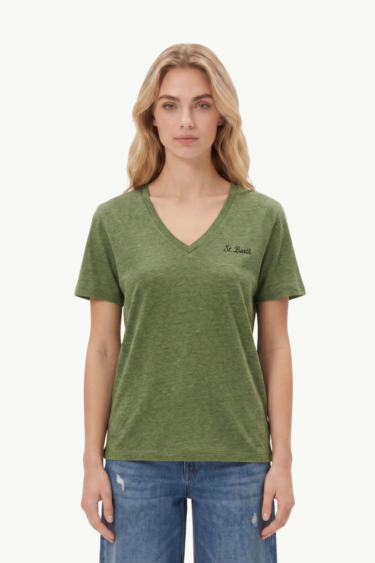  Mc2 Saint Barth V-neck Linen T Shirt Verde - 1