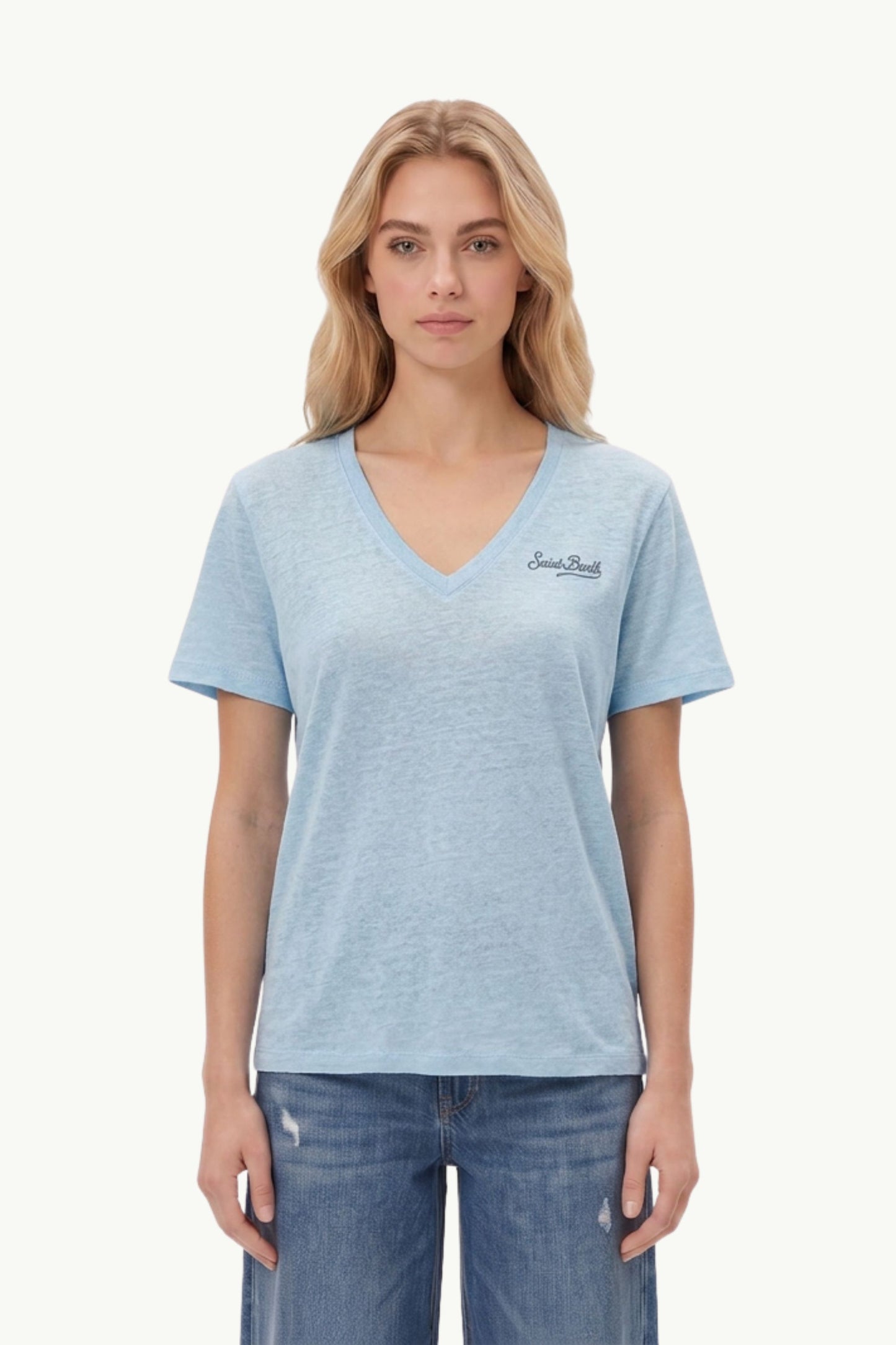 Mc2 Saint Barth V-neck Linen T Shirt Blu - 1