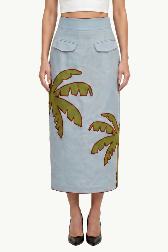 Blue Embrodered Palm Tree Maxi Skirt  Donna Farm Rio