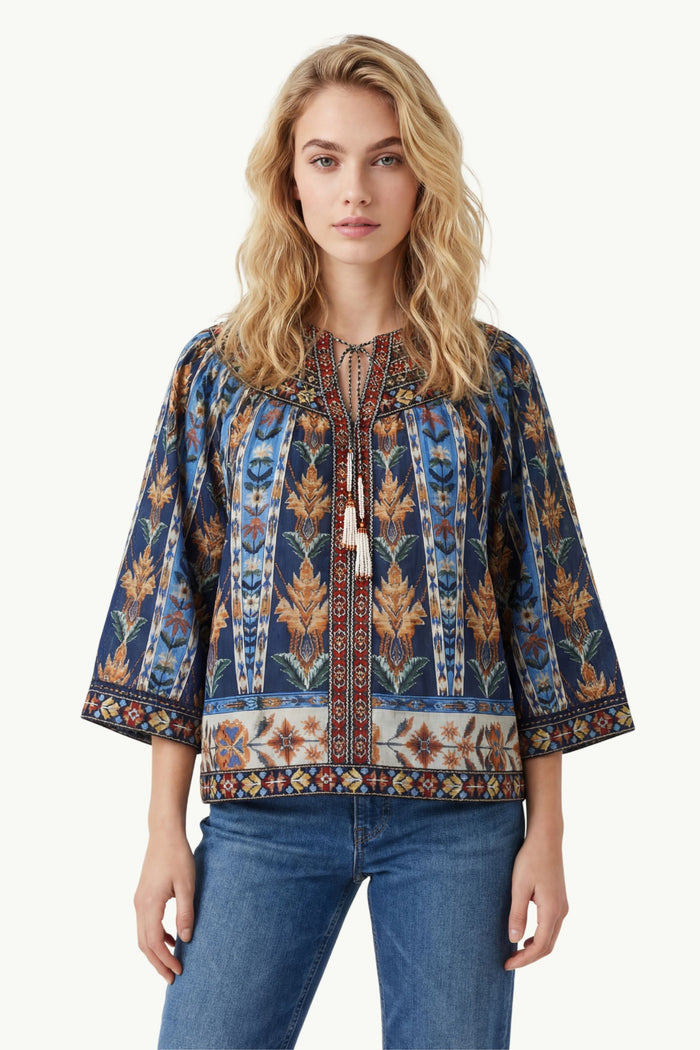 Embroidered Tapestry Short Sleeve Blouse Donna Farm Rio